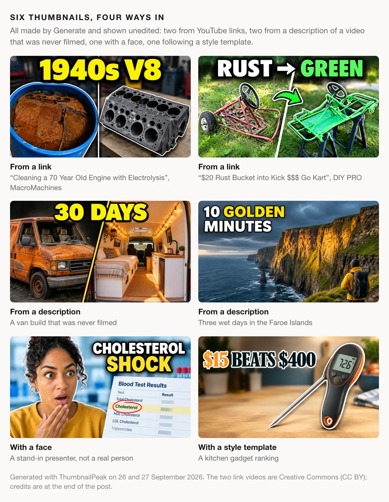 Six generated thumbnails in a grid, labelled by how each was made. From a link: a rusted engine block in a blue barrel beside the cleaned block under "1940s V8", and a rusty go-kart frame beside the same frame painted green under "RUST → GREEN". From a description: a rusted orange van beside a finished camper interior under "30 DAYS", and Faroe Islands cliffs lit gold with a hiker in a yellow jacket under "10 GOLDEN MINUTES". With a face: a shocked woman beside a blood test result under "CHOLESTEROL SHOCK". With a style template: a thermometer on a kitchen counter under "$15 BEATS $400" in a black serif typeface with an orange accent.