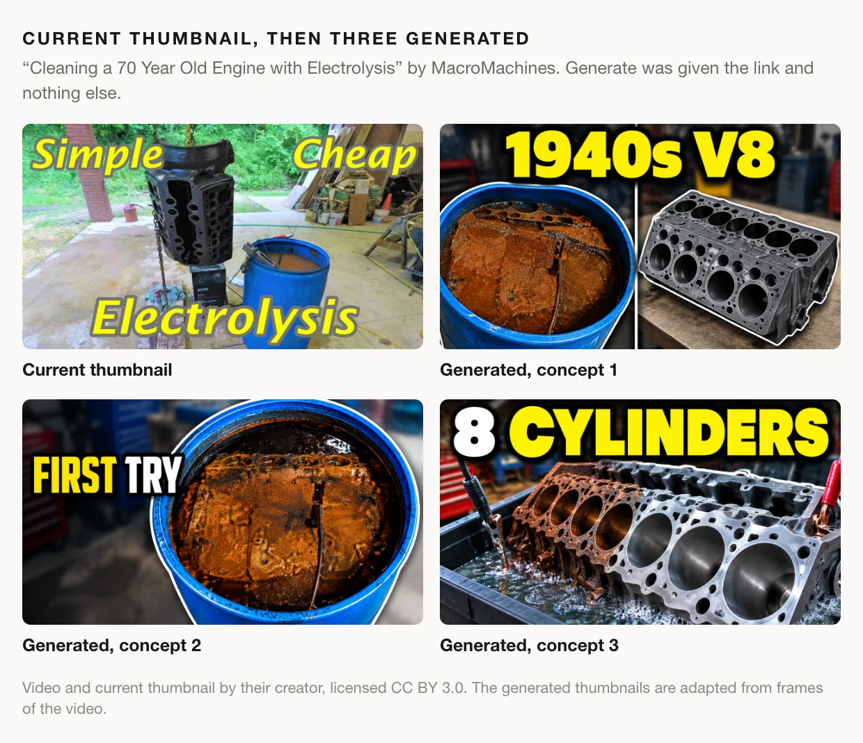 The current thumbnail for "Cleaning a 70 Year Old Engine with Electrolysis" by MacroMachines, with "Simple", "Cheap" and "Electrolysis" in yellow over an engine block hanging above a blue barrel, then three generated concepts: "1940s V8" with the rusty block in the barrel beside the clean block, "FIRST TRY" with a close-up of the rusted block in the barrel, and "8 CYLINDERS" with a block half rusted and half clean in an electrolysis bath.