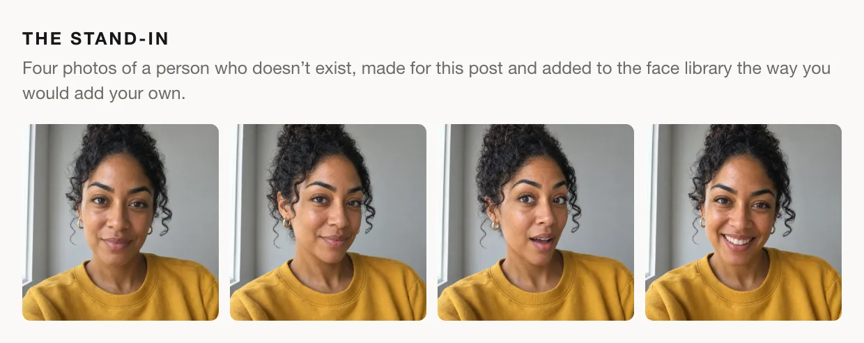 Four head-and-shoulders photos of the same woman in a mustard-yellow sweatshirt against a grey wall: neutral, a small smile, surprised, and laughing.