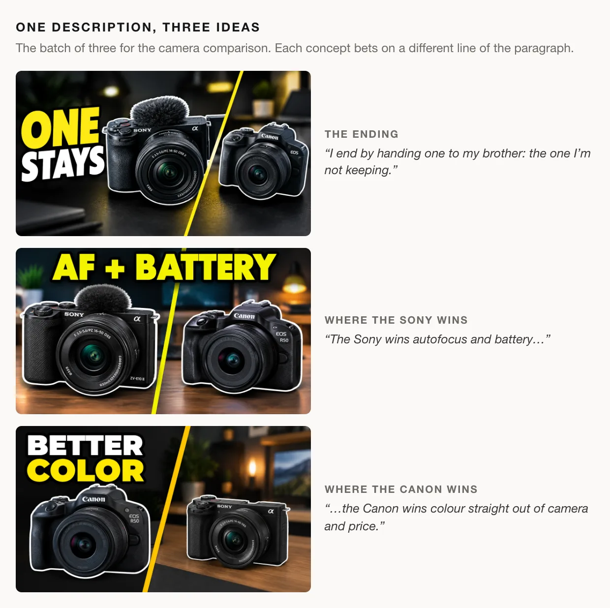 Three thumbnails from the camera comparison, each beside the line of the description it draws on. "ONE STAYS" with both cameras, for the ending where one camera goes to the brother. "AF + BATTERY" with the Sony in front, for where the Sony wins. "BETTER COLOR" with the Canon in front, for where the Canon wins.
