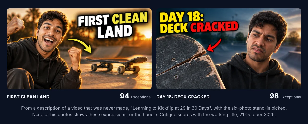 Two thumbnails of the same man at a skate park, wearing a black hoodie. "FIRST CLEAN LAND": cheering with both fists raised beside a skateboard at sunset, 94. "DAY 18: DECK CRACKED": looking unhappy beside a snapped deck, 98.