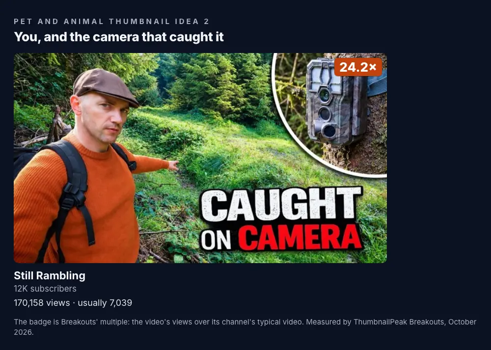 Still Rambling: the creator in a flat cap and an orange sweater pointing down a forest path, a trail camera in a round inset at the top right, and "CAUGHT ON CAMERA" in white and red; 11.8K subscribers, 170,158 views against a usual 7,039, a 24.2× badge.