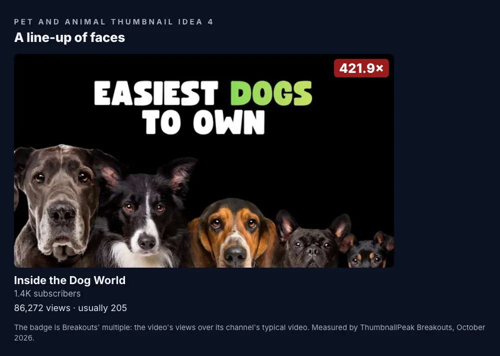 Inside the Dog World: "EASIEST DOGS TO OWN" in white and green on black, above a row of dog faces peeking up from the bottom edge: a Great Dane, a border collie, a basset hound, a French bulldog and a small terrier; 1.4K subscribers, 86,272 views against a usual 205, a 421.9× badge.