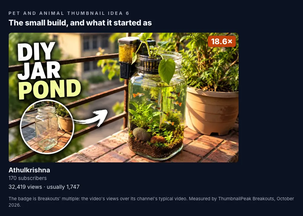 Athulkrishna: a glass jar turned into a tiny planted pond with small fish, standing on a balcony railing, with "DIY JAR POND" in big letters and a round inset of an empty jar with an arrow pointing to the finished pond; 170 subscribers, 32,419 views against a usual 1,747, an 18.6× badge.