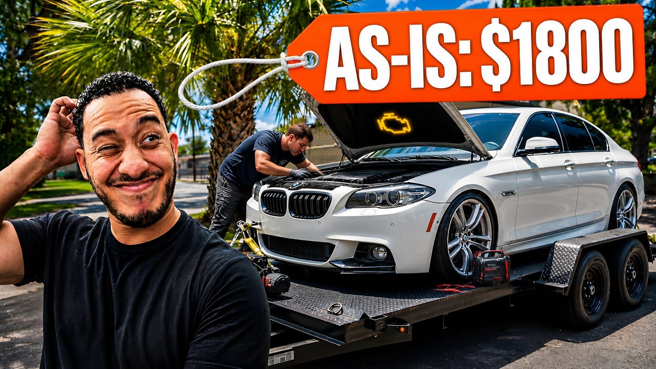 The improved variant: the BMW's hood is now open with a mechanic leaning into the engine bay, a yellow check-engine symbol glows above it, a jump pack sits on the trailer deck, and the price tag has become a wide banner across the top