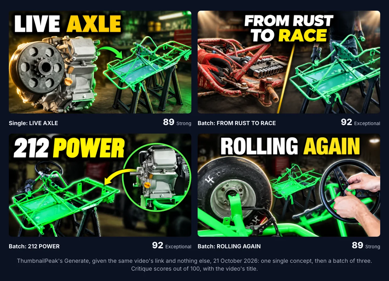 Four thumbnails from Generate, all 16:9. "LIVE AXLE", the engine beside the green frame, 89. "FROM RUST TO RACE", the rusty frame beside the green frame, 92. "212 POWER", the green frame with the engine in a circle, 92. "ROLLING AGAIN", a wheel and the steering wheel being fitted to the green frame, 89.