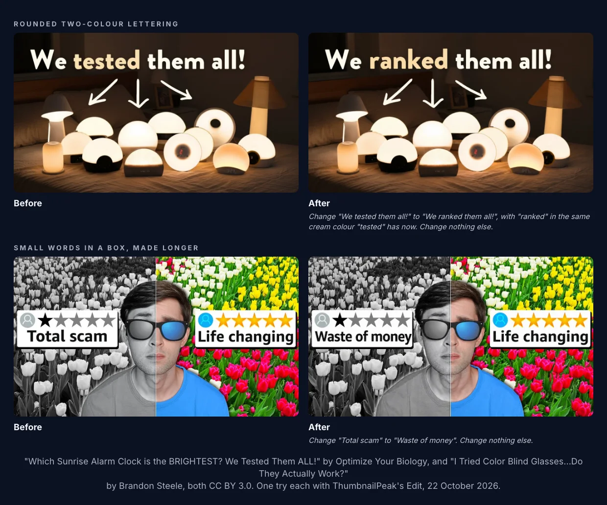 Two before-and-after pairs. Rounded lettering: "We tested them all!" over a row of sunrise alarm clocks becomes "We ranked them all!", with "ranked" in cream like "tested" was. Small words in a box: a review card reading "Total scam" beside a one-star rating becomes "Waste of money", in smaller letters so it fits the same card.
