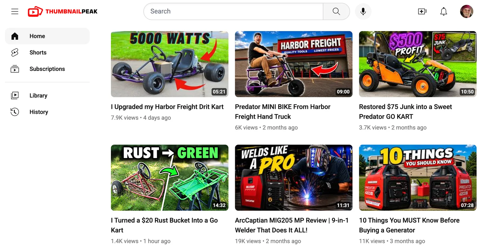 The Videos grid after Shuffle. The first row shows DIY PRO's real uploads "I Upgraded my Harbor Freight Drit Kart" under "5000 WATTS", "Predator MINI BIKE From Harbor Freight Hand Truck", and "Restored $75 Junk into a Sweet Predator GO KART" from 2 months ago, whose thumbnail shows an orange kart under "$500 PROFIT" with an inset of the junk kart under "$75 JUNK". Directly below it in the second row is our "RUST → GREEN" thumbnail, then "WELDS LIKE A PRO" and "10 THINGS YOU SHOULD KNOW".