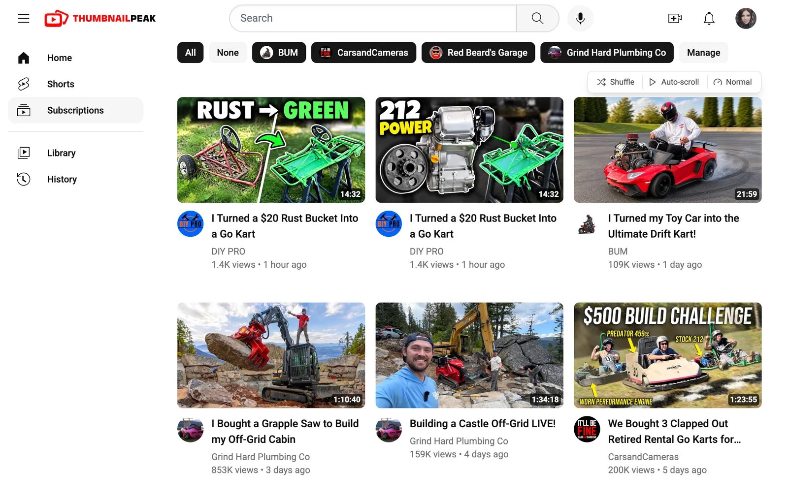 Competitor preview. A row of chips across the top reads All, None, BUM, CarsandCameras, Red Beard's Garage, Grind Hard Plumbing Co and Manage, and Subscriptions is highlighted in the left menu. The first row is our two thumbnails, then BUM's "I Turned my Toy Car into the Ultimate Drift Kart!" from 1 day ago, showing a man in a helmet drifting a red toy supercar. The second row shows Grind Hard Plumbing Co's "I Bought a Grapple Saw to Build my Off-Grid Cabin" and "Building a Castle Off-Grid LIVE!", and CarsandCameras' "We Bought 3 Clapped Out Retired Rental Go Karts" under "$500 BUILD CHALLENGE".