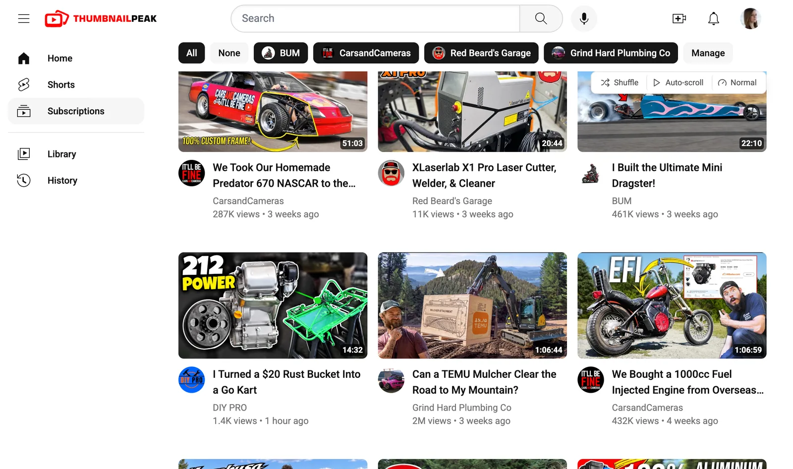 Further down the feed. A row of CarsandCameras' "We Took Our Homemade Predator 670 NASCAR to the…", Red Beard's Garage's "XLaserlab X1 Pro Laser Cutter, Welder, & Cleaner" and BUM's "I Built the Ultimate Mini Dragster!". Below it, our "212 POWER" thumbnail, then Grind Hard Plumbing Co's "Can a TEMU Mulcher Clear the Road to My Mountain?" with a man's face beside an excavator, and CarsandCameras' "We Bought a 1000cc Fuel Injected Engine from Overseas…" with a man pointing at a motorcycle under "EFI".