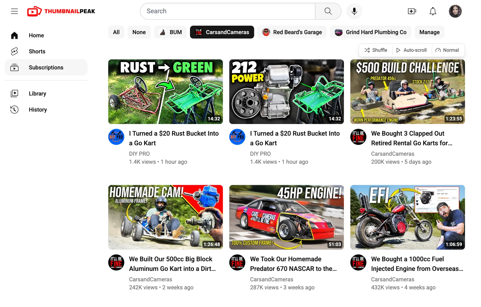 Competitor preview with only the CarsandCameras chip selected. After our two thumbnails come CarsandCameras' "$500 BUILD CHALLENGE", "HOMEMADE CAM!", "45HP ENGINE!" and "EFI" thumbnails: short, condensed, italic headlines in white and yellow over machines and people, with yellow arrows.
