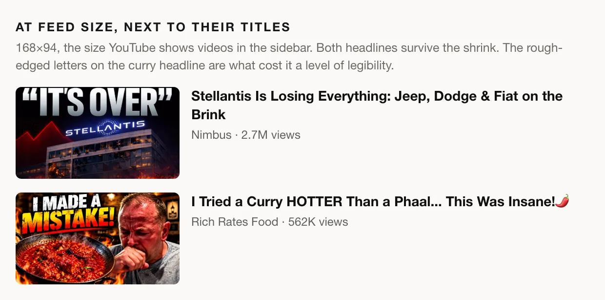The two thumbnails at 168 by 94 pixels, each beside its video title, channel name and view count, as they would appear in YouTube's sidebar