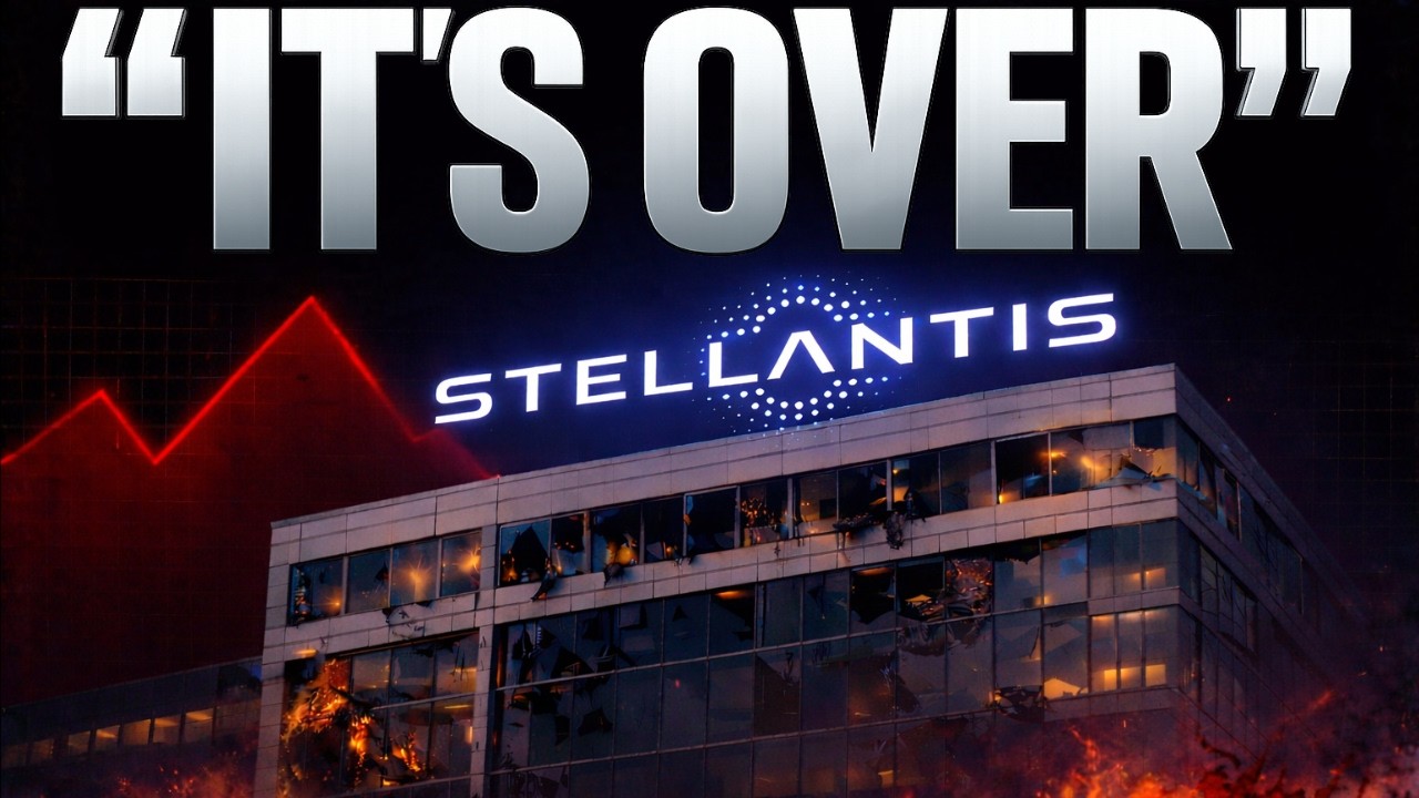 Nimbus's thumbnail: "IT'S OVER" in huge silver letters inside quotation marks across the top; below it, the Stellantis logo glowing blue on top of an office building with shattered windows, flames along its base, and a red line chart that climbs and then drops behind it