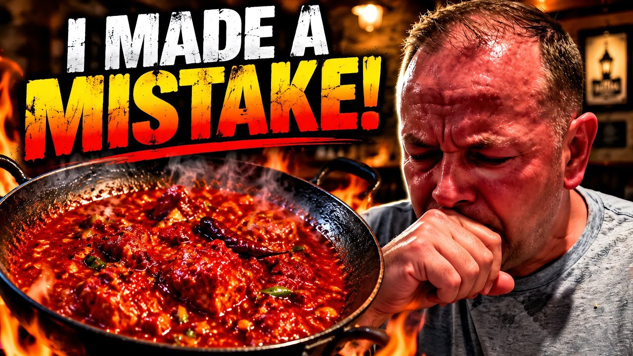 Rich Rates Food's thumbnail: "I MADE A MISTAKE!" in rough-edged white and yellow capitals at top left; below it, a black pan of red curry with flames around it; on the right, a sweating man with his eyes shut and his fist pressed to his mouth