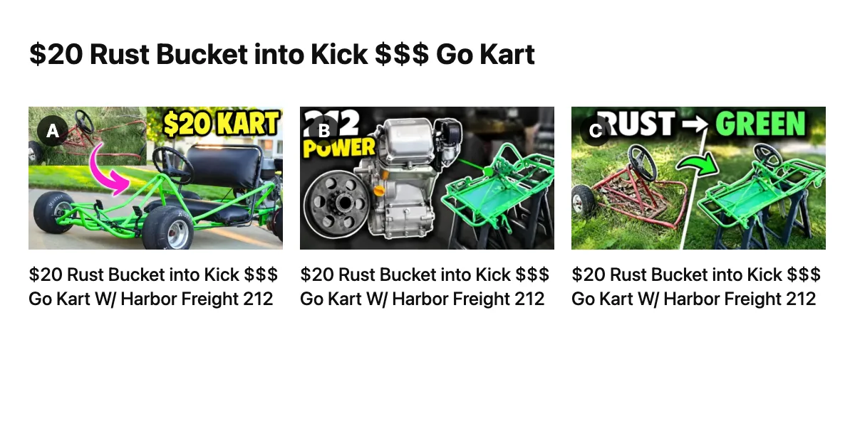 The comparison card ThumbnailPeak made for our test: the project's name, "$20 Rust Bucket into Kick $$$ Go Kart", over the three thumbnails labelled A, B and C, each with the video's title under it.