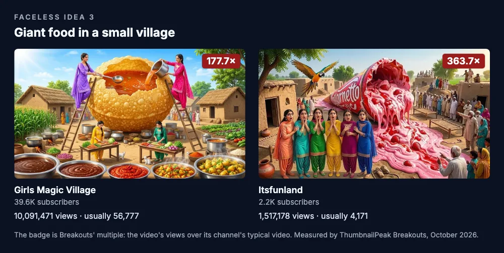 Two thumbnails. Girls Magic Village: women on ladders pour sauce into a golgappa the size of a house in a village yard, bowls of chutney and filling spread across the ground; 39.6K subscribers, 10,091,471 views against a usual 56,777, a 177.7× badge. Itsfunland: a giant melting strawberry cornetto lies across a mud-walled village street while six sisters, each dressed in a different colour, stare at it, a macaw flying overhead; 2.2K subscribers, 1,517,178 views against a usual 4,171, a 363.7× badge.
