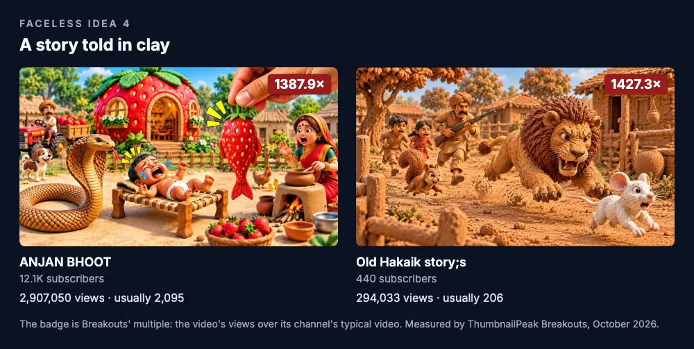 Two thumbnails. ANJAN BHOOT: a clay village with a giant strawberry for a house, a cobra coiled beside a baby asleep on a cot, a woman cooking, and a hand reaching in from the top right holding a strawberry; 12.1K subscribers, 2,907,050 views against a usual 2,095, a 1,387.9× badge. Old Hakaik story;s: a clay lion charges through a clay village after a small mouse and squirrels, autumn leaves on the ground; 440 subscribers, 294,033 views against a usual 206, a 1,427.3× badge.