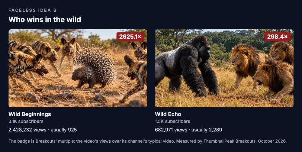 Two thumbnails. Wild Beginnings: a pack of African wild dogs closes in on a porcupine with its quills raised, on dry grass; 3.1K subscribers, 2,428,232 views against a usual 925, a 2,625.1× badge. Wild Echo: a silverback gorilla faces three male lions on open grassland; 1.5K subscribers, 682,971 views against a usual 2,289, a 298.4× badge.