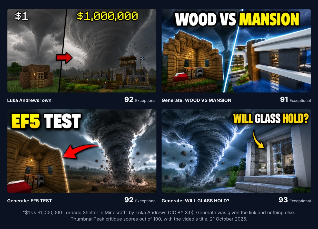 Luka Andrews' own thumbnail, a dirt hut and a stone castle under a tornado, labelled "$1" and "$1,000,000", scored 92. Then three concepts from Generate: "WOOD VS MANSION", a wooden cabin and a white modern house split by a diagonal line with the tornado between them, 91. "EF5 TEST", a wooden cabin with a red arrow and a huge tornado behind it, 92. "WILL GLASS HOLD?", a modern house's glass entrance with a yellow arrow and the tornado behind, 93.