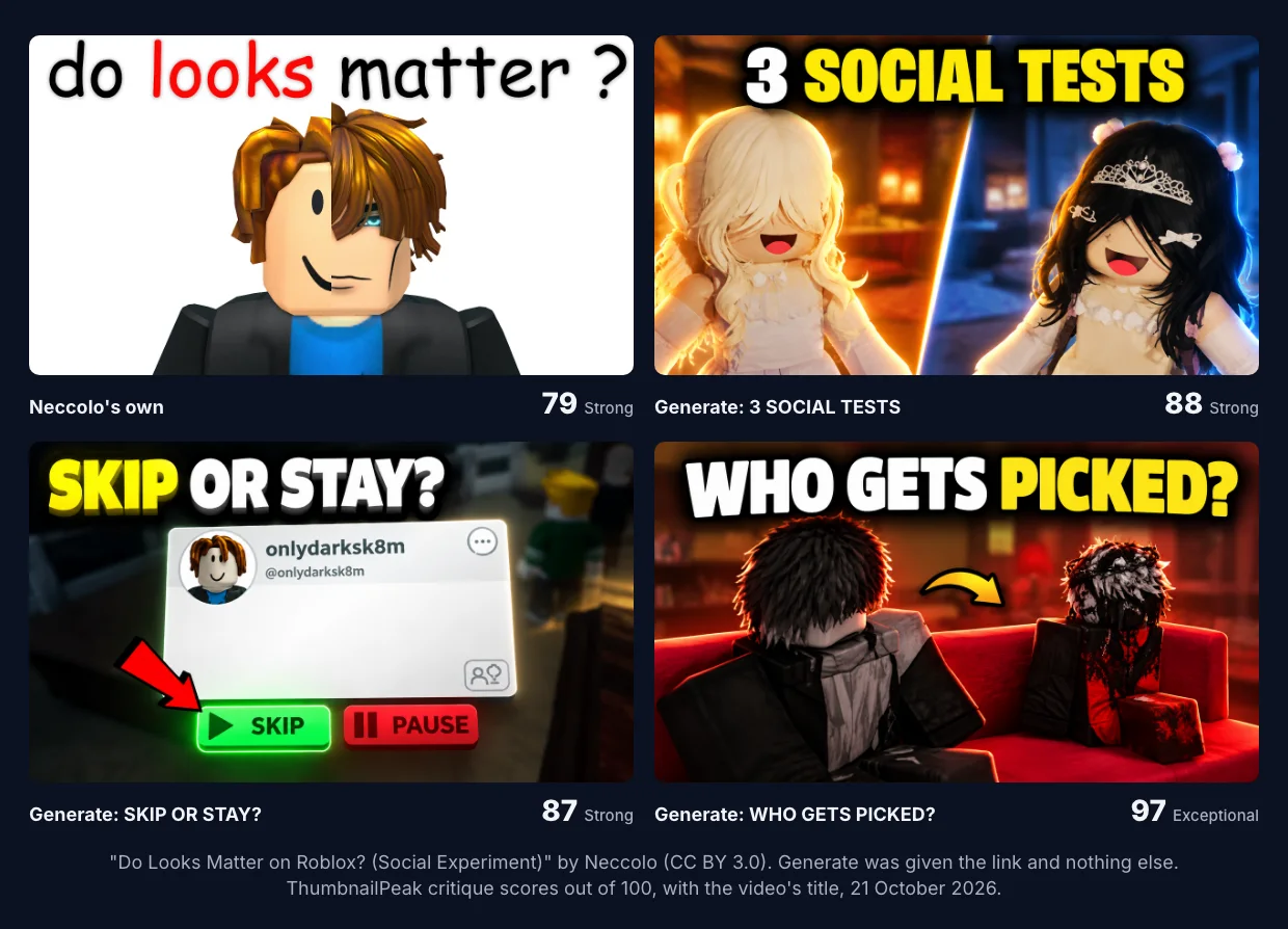 Neccolo's own thumbnail for "Do Looks Matter on Roblox?", then three concepts from Generate: "3 SOCIAL TESTS" with two avatars side by side, "SKIP OR STAY?" with a profile card and Skip button, and "WHO GETS PICKED?" with two avatars on a red couch. Scores 79, 88, 87 and 97.
