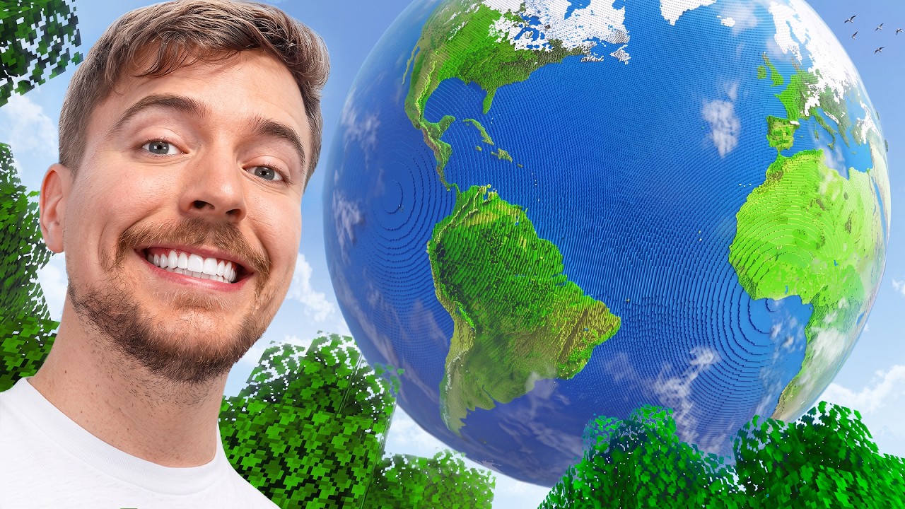 The original thumbnail: MrBeast smiling on the left, a giant block-built Earth filling the right, Minecraft trees below