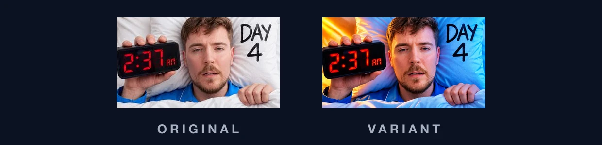 The original and the variant side by side at feed size, 168 by 94 pixels each, on a dark background, labelled ORIGINAL and VARIANT