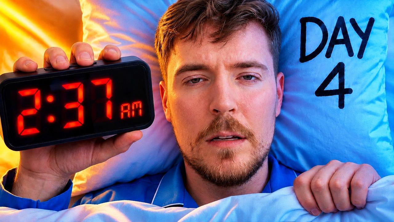 The improved variant: the same pose, clock and DAY 4 pillow, but the scene is relit — a warm orange lamp glow floods in from the left, the bedding and pillow have shifted to cool blue, and MrBeast's face is lit warm against the blue background