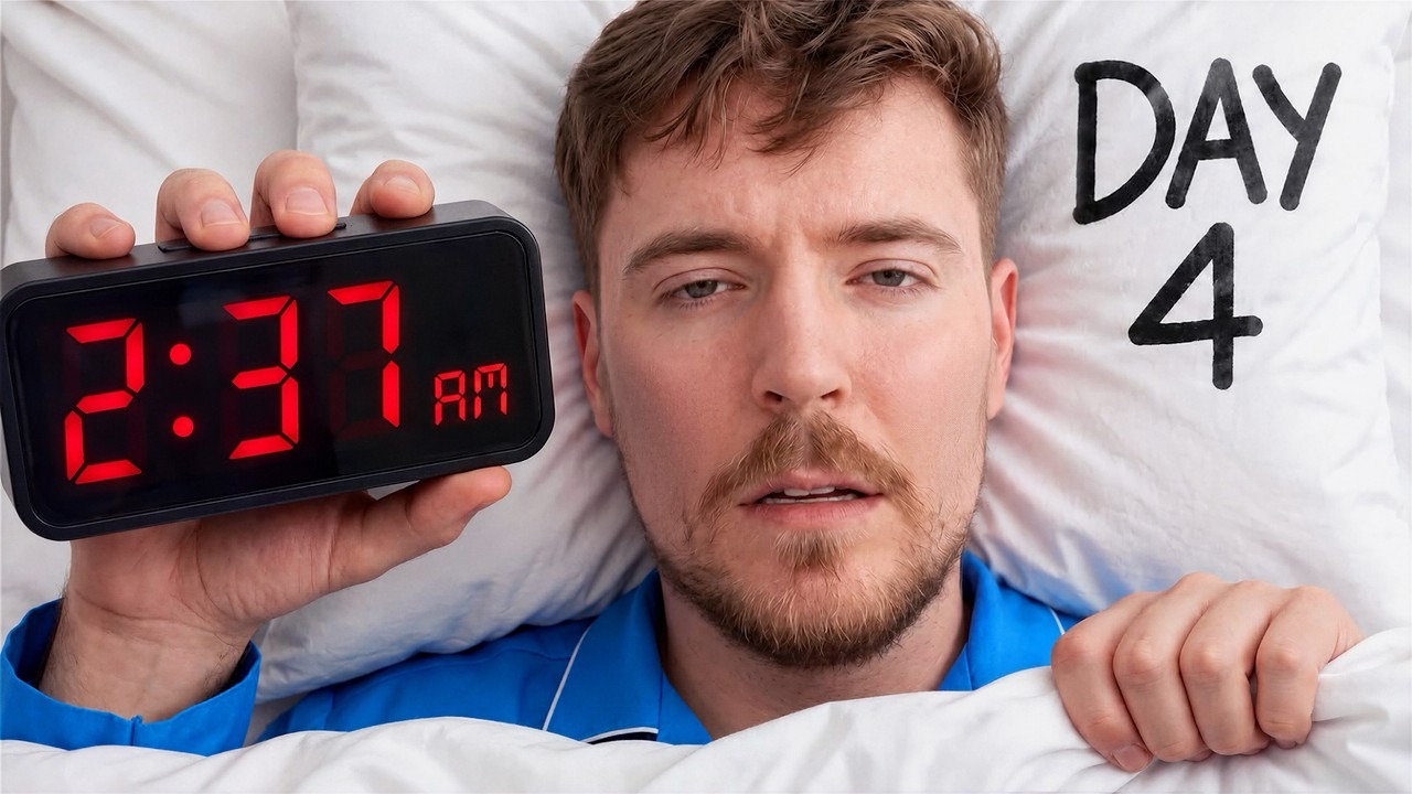 The original thumbnail: MrBeast lying in bed in blue pajamas, eyes half open, holding a black alarm clock that reads 2:37 AM in red digits; DAY 4 is hand-written in black marker on the white pillow beside him