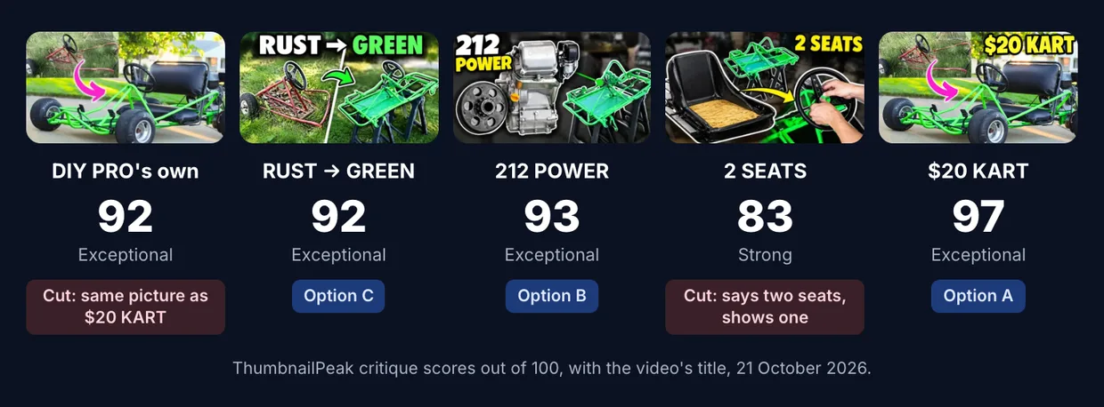 The five ideas in a row, each with its critique score out of 100, judged with the video's title, and where it ended up. DIY PRO's own: 92, cut as the same picture as $20 KART. RUST → GREEN: 92, option C. 212 POWER: 93, option B. 2 SEATS: 83, cut because it says two seats and shows one. $20 KART: 97, option A.
