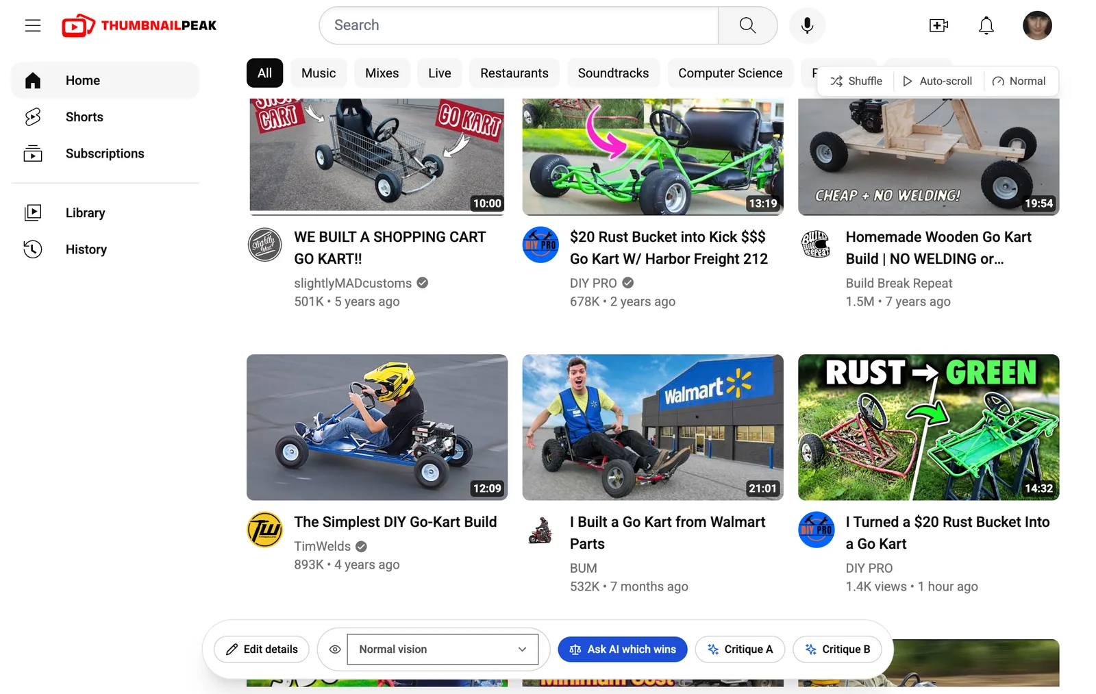 Further down the same feed. The top row shows slightlyMADcustoms' shopping-cart go-kart, DIY PRO's own 2024 video "$20 Rust Bucket into Kick $$$ Go Kart W/ Harbor Freight 212" with 678K views and a bright green kart with a pink arrow, and Build Break Repeat's wooden go-kart. The next row shows TimWelds' "The Simplest DIY Go-Kart Build", BUM's "I Built a Go Kart from Walmart Parts", and our "RUST → GREEN" thumbnail.