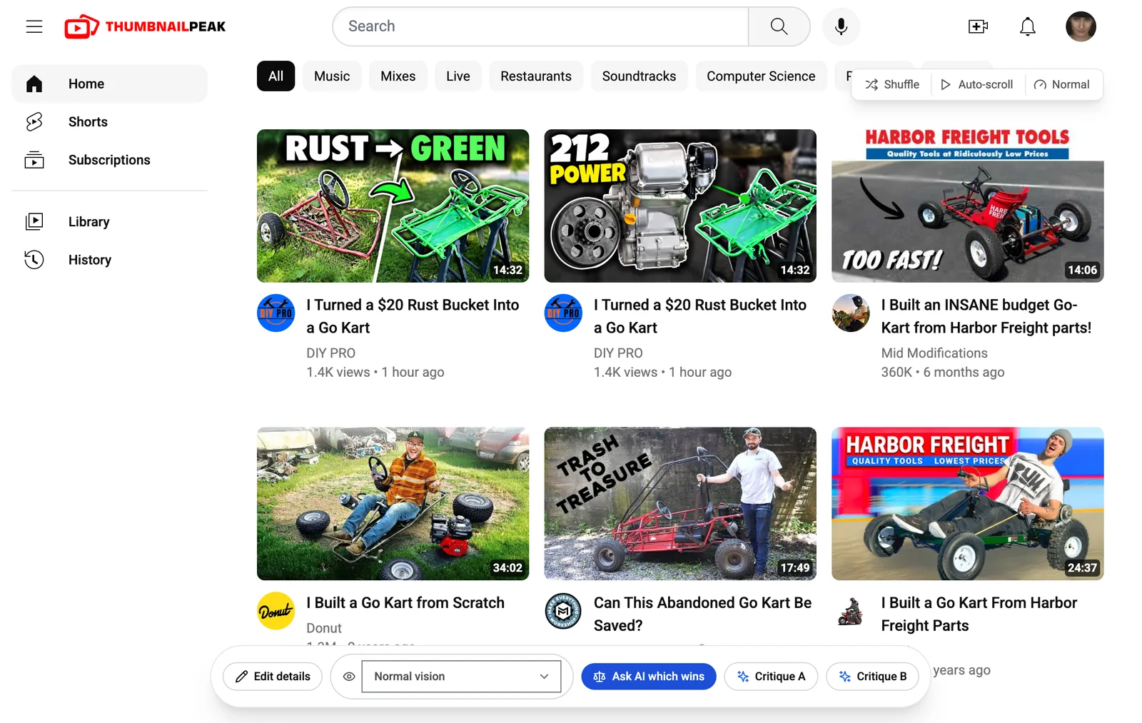 Search preview for "junk go kart build", laid out like YouTube's home page. The first row is our two thumbnails, both titled "I Turned a $20 Rust Bucket Into a Go Kart" by DIY PRO with 1.4K views, 1 hour ago, then Mid Modifications' "I Built an INSANE budget Go-Kart from Harbor Freight parts!" showing a red kart in a parking lot under "TOO FAST!". The second row shows Donut's "I Built a Go Kart from Scratch", Make Everything's "Can This Abandoned Go Kart Be Saved?" under "TRASH TO TREASURE", and "I Built a Go Kart From Harbor Freight Parts". Shuffle, Auto-scroll and speed buttons sit top right; Edit details, a colour vision picker, Ask AI which wins, Critique A and Critique B sit in a bar at the bottom.