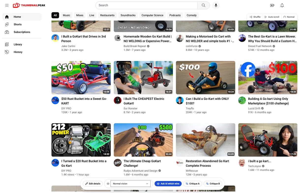 Further down the same feed. The middle row starts with DIY PRO's "$50 Rust Bucket into a Sweet Go-KART", a red kart on grass under a big "$50", 126K views, 1 year ago, then Sur Ronster's "I Built The CHEAPEST Electric GoKart!", Treyflo's "Can I Build a Go-Kart with ONLY $100?" and Lucid Drift's "$100 challenge" kart. The row below starts with our "212 POWER" thumbnail again, then "The Ultimate Cheap GoKart Challenge!", "Restoration Abandoned Go Kart Complete Process" and TechJoyce's "i built a go kart...".