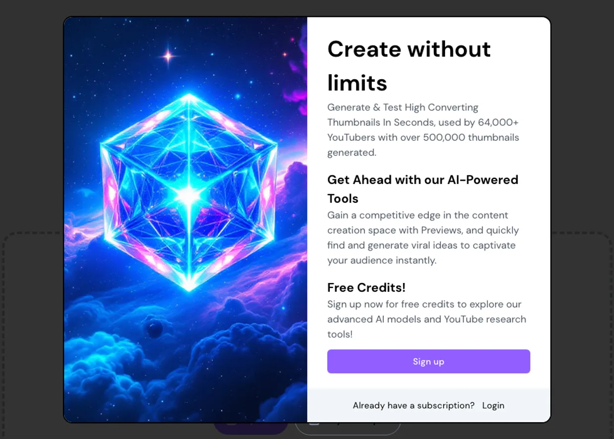 A pop-up over the TestMyThumbnails upload page. On the left, a glowing blue crystal cube in a night sky. On the right: "Create without limits. Generate & Test High Converting Thumbnails In Seconds, used by 64,000+ YouTubers with over 500,000 thumbnails generated." Then "Get Ahead with our AI-Powered Tools" and "Free Credits! Sign up now for free credits to explore our advanced AI models and YouTube research tools!", a purple Sign up button, and "Already have a subscription? Login".