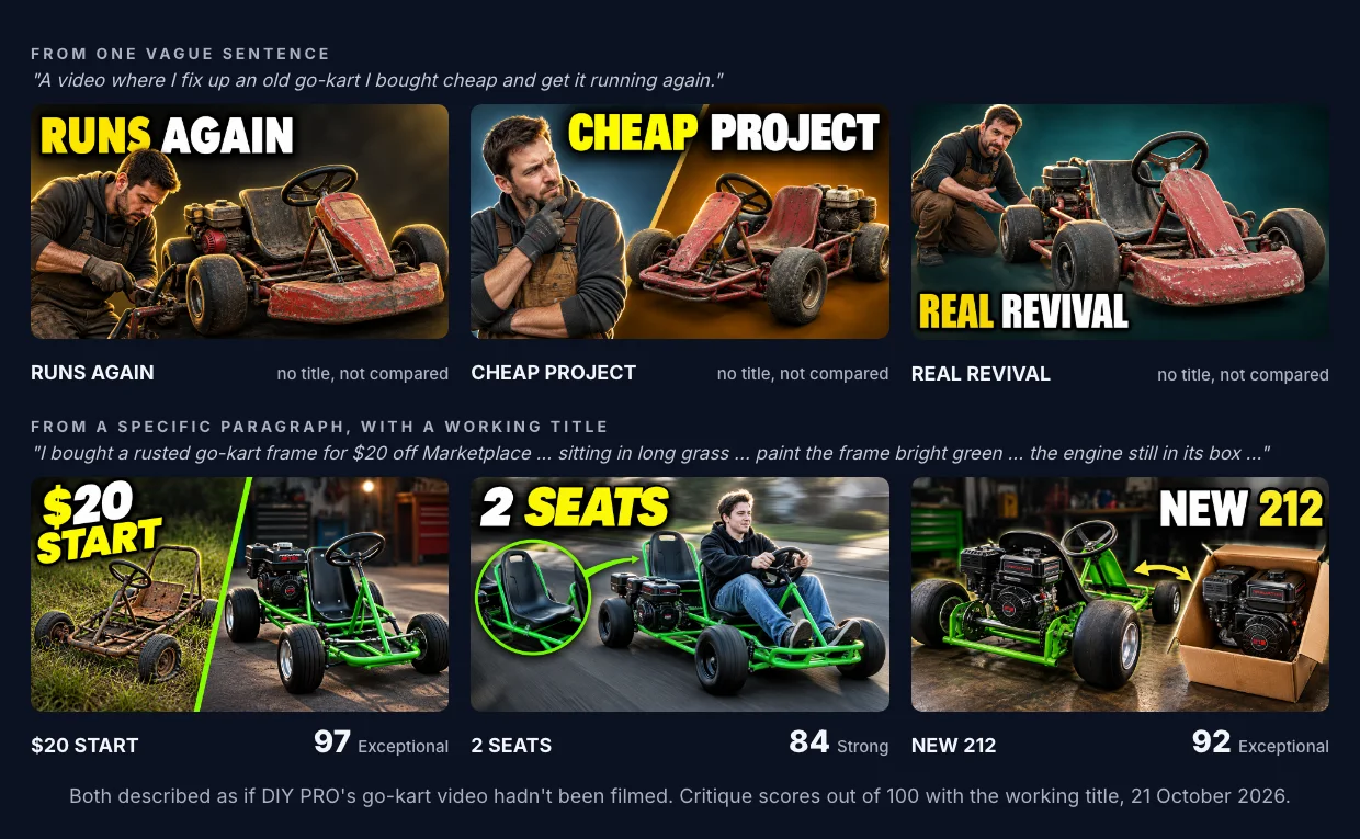 Two rows of three thumbnails. From the vague sentence: "RUNS AGAIN", a bearded man in a work apron fixing a battered red kart; "CHEAP PROJECT", the same kind of man with his hand on his chin beside a red kart; "REAL REVIVAL", the man crouching and pointing at a red kart. From the specific paragraph: "$20 START", a rusty frame in long grass beside the finished bright green kart, 97; "2 SEATS", a young man driving the green kart down a street with a seat circled, 84; "NEW 212", the green kart beside a Predator 212 engine in an open cardboard box, 92.