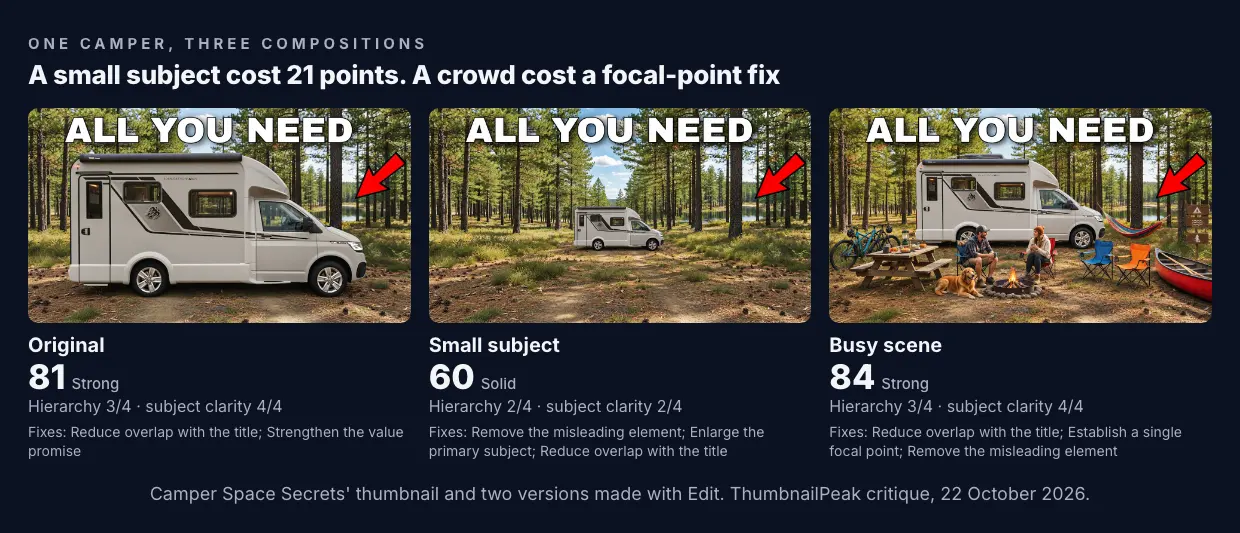 Three versions of the camper thumbnail. Original: the camper fills the lower half, scored 81. Small: the camper is a third of the size in the middle of the clearing, scored 60, with hierarchy and subject clarity both down to 2 out of 4. Busy: the camper is the same size but surrounded by people, a dog, bikes, a fire, a hammock and a canoe, scored 84, with a fix to establish a single focal point.