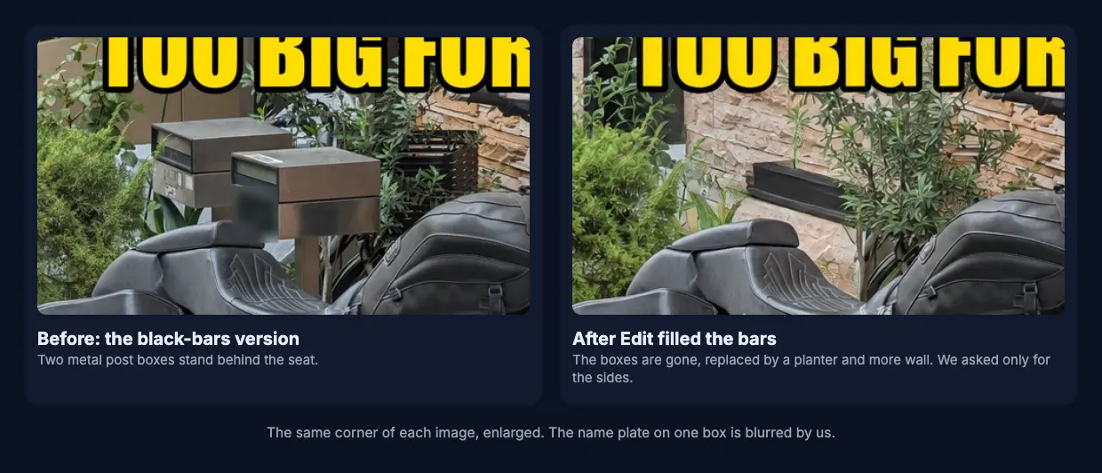 Two close-ups of the same corner. Before: the black-bars version, with two metal post boxes standing behind the motorcycle's seat. After Edit filled the bars: the boxes are gone, replaced by a planter and more wall, though we asked only for the sides.